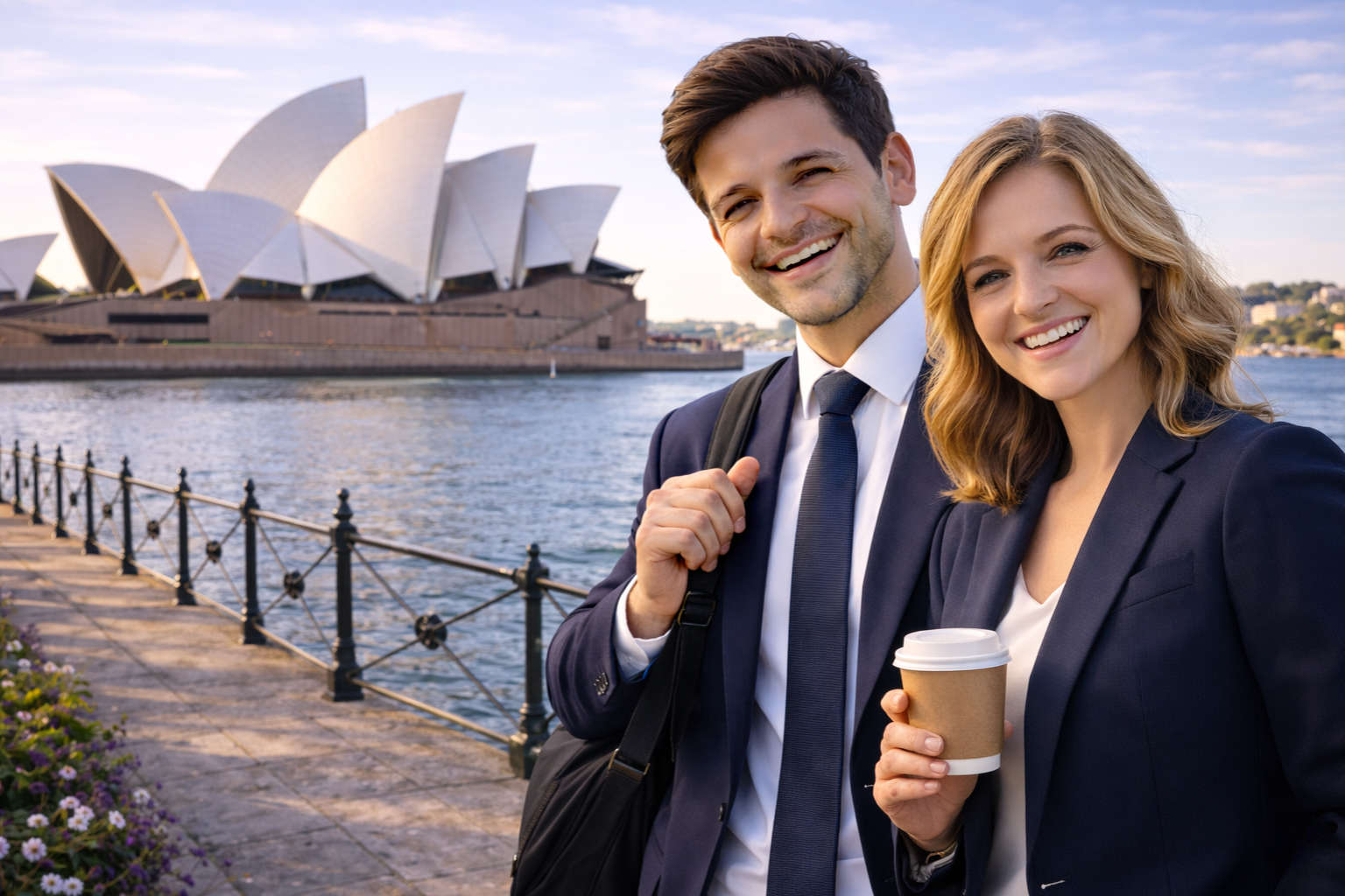 Business professionals standing near the Sydney Opera House waterfront, representing Australia business travel.
