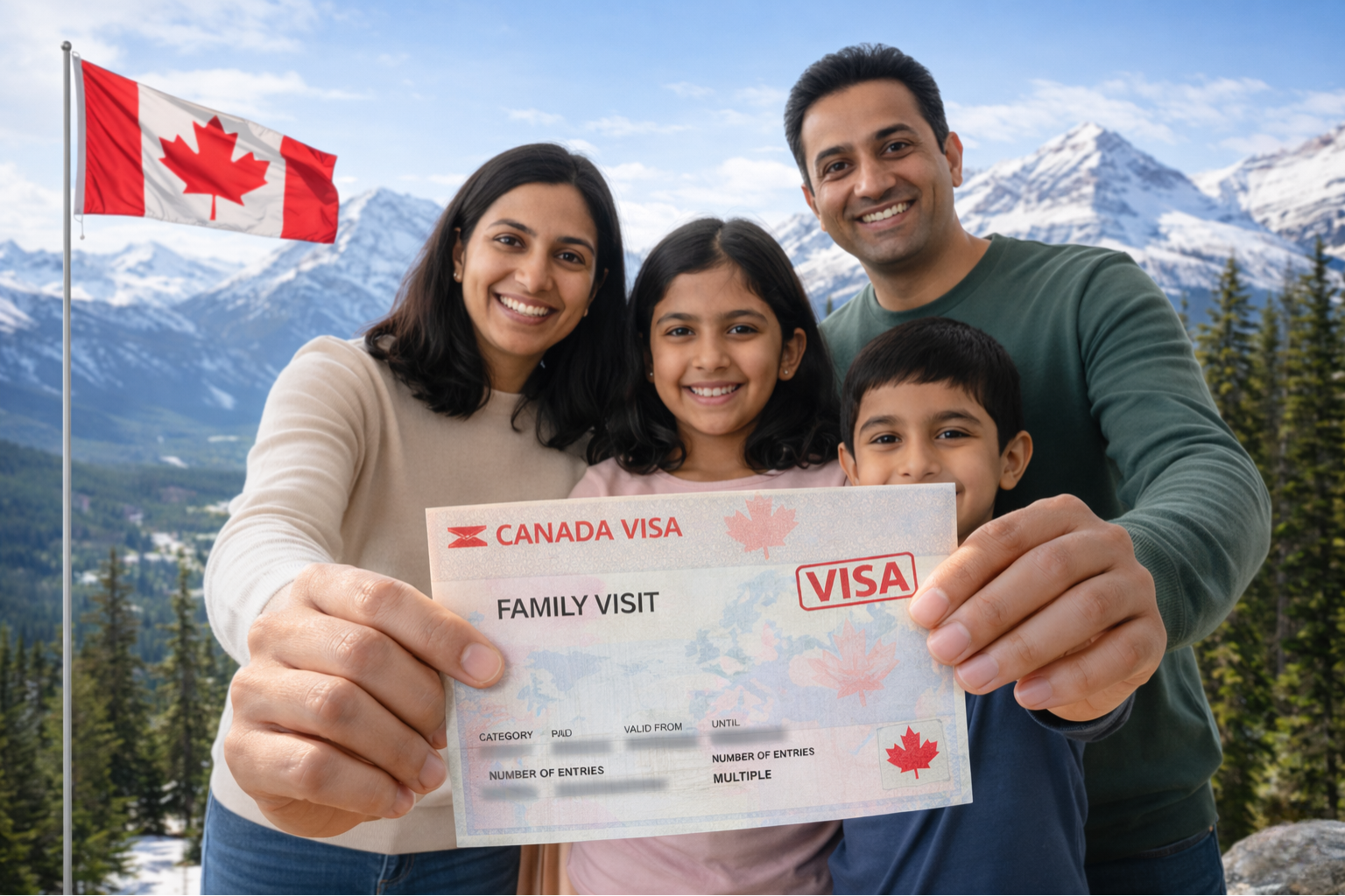 Smiling family holding a Canada Family Visit Visa with the Canadian flag and snow-capped mountains in the background.