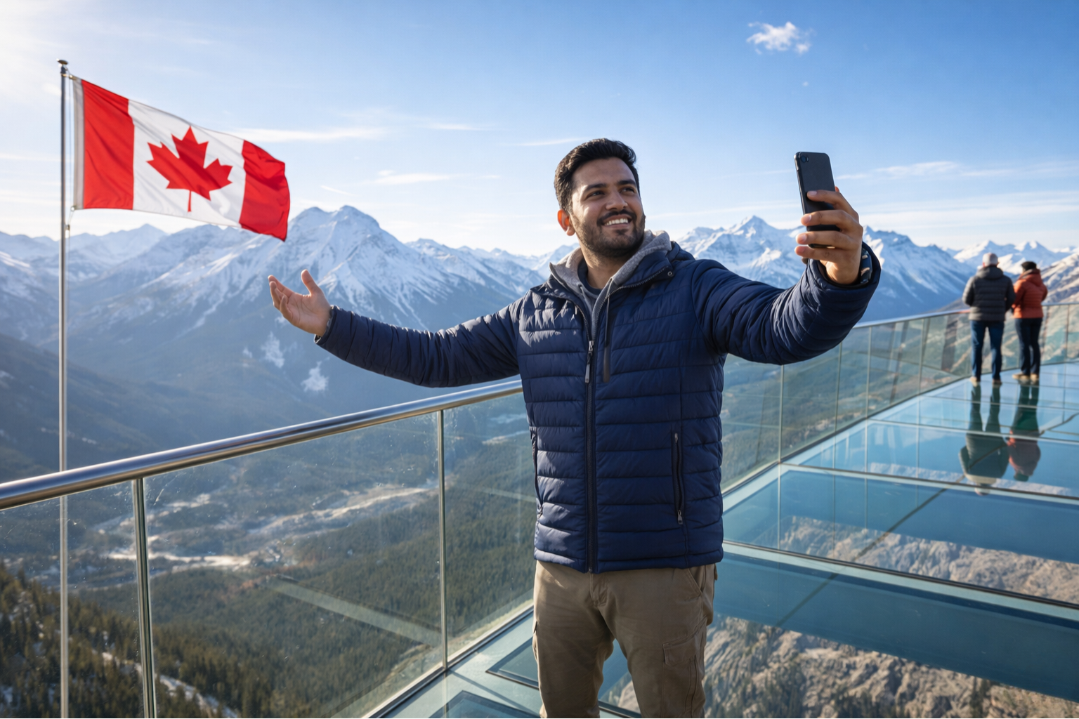 Tourist taking a selfie at a glass viewing platform with the Canadian flag and snow-capped mountains in the background.