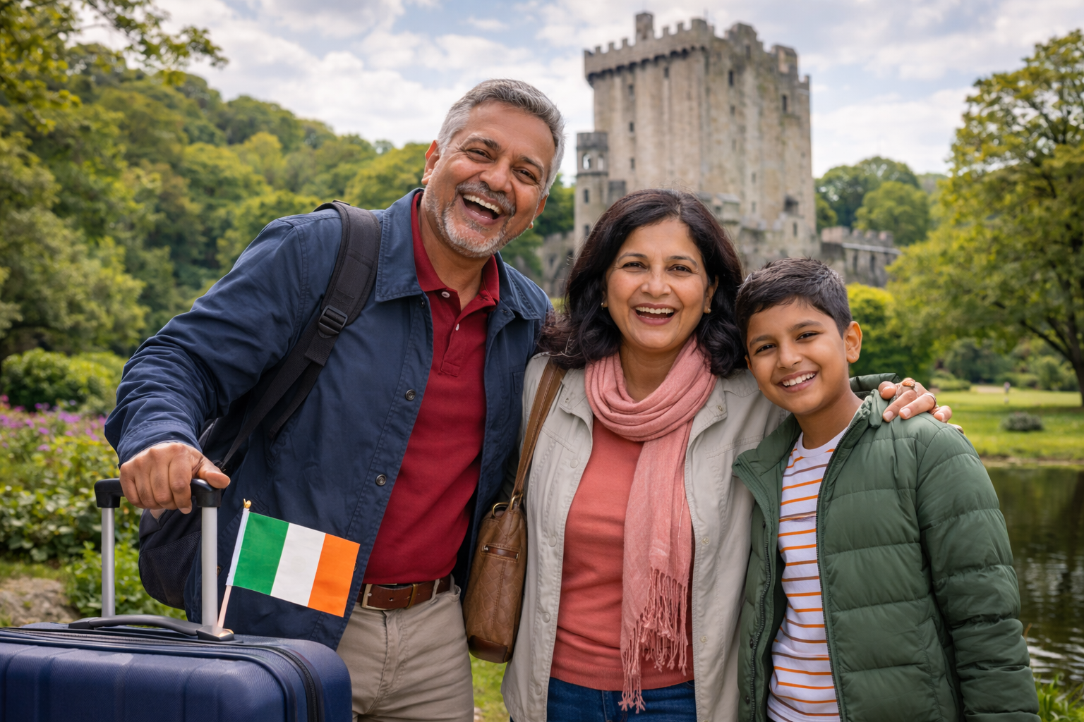 Happy family visiting Ireland with luggage and Irish flag in front of a historic castle