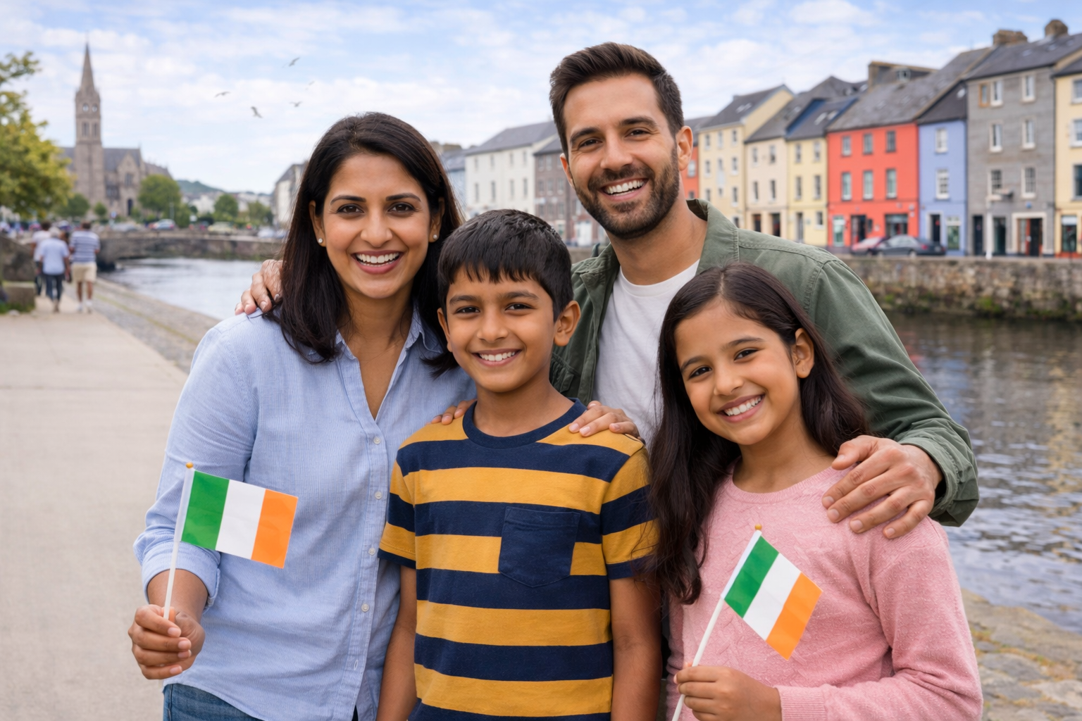 Happy family with children holding Irish flags standing beside a riverside street in Ireland, representing Ireland Dependent Visa approval.