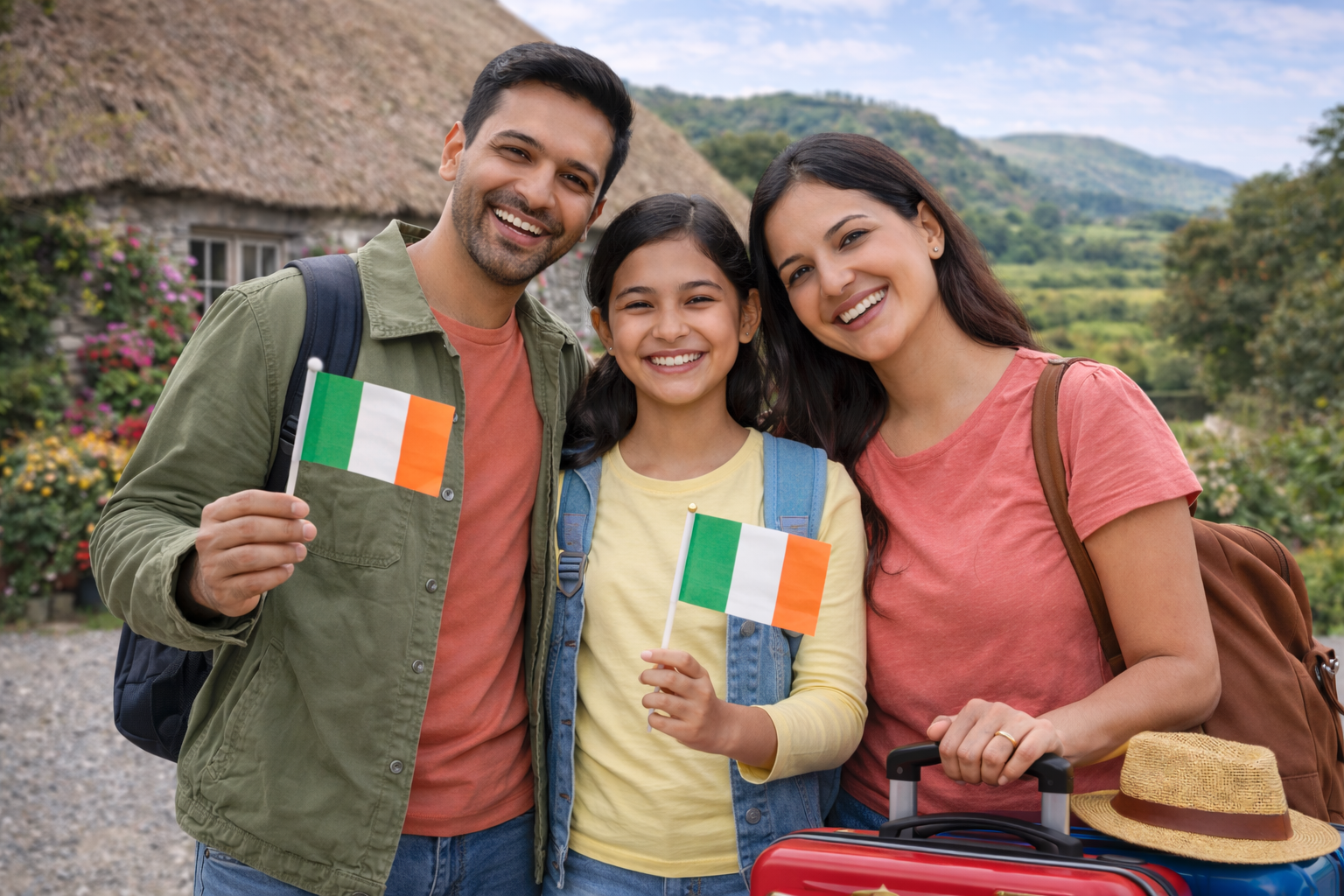 Family tourists holding Irish flags with travel luggage in a scenic countryside location in Ireland, representing Ireland Tourist Visa travel.