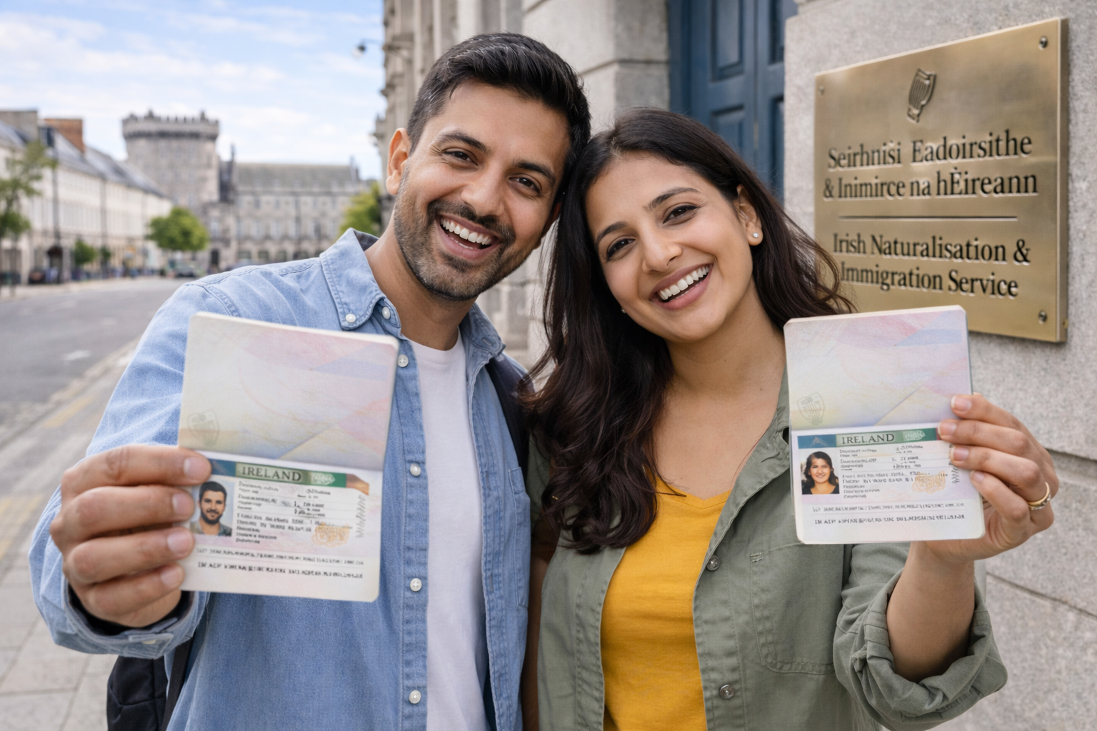 Couple holding stamped Irish work visas in their passports outside the Irish Naturalisation and Immigration Service office in Ireland.