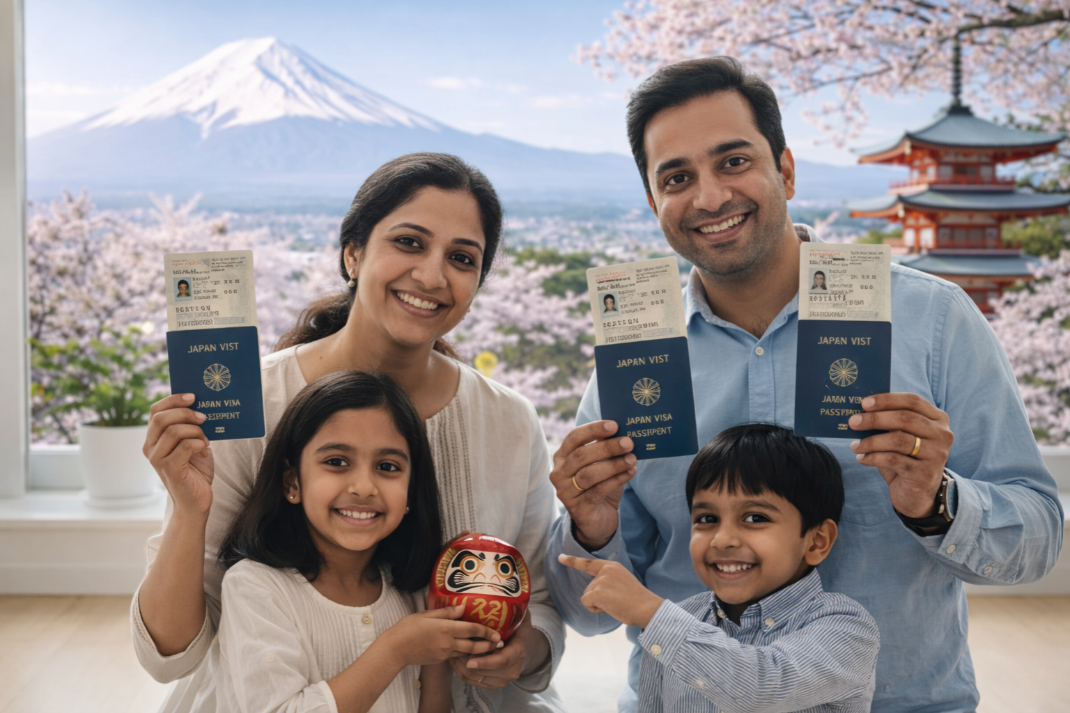 Family holding Japan visas and passports with Mount Fuji and cherry blossoms in the background, representing Japan dependent travel.