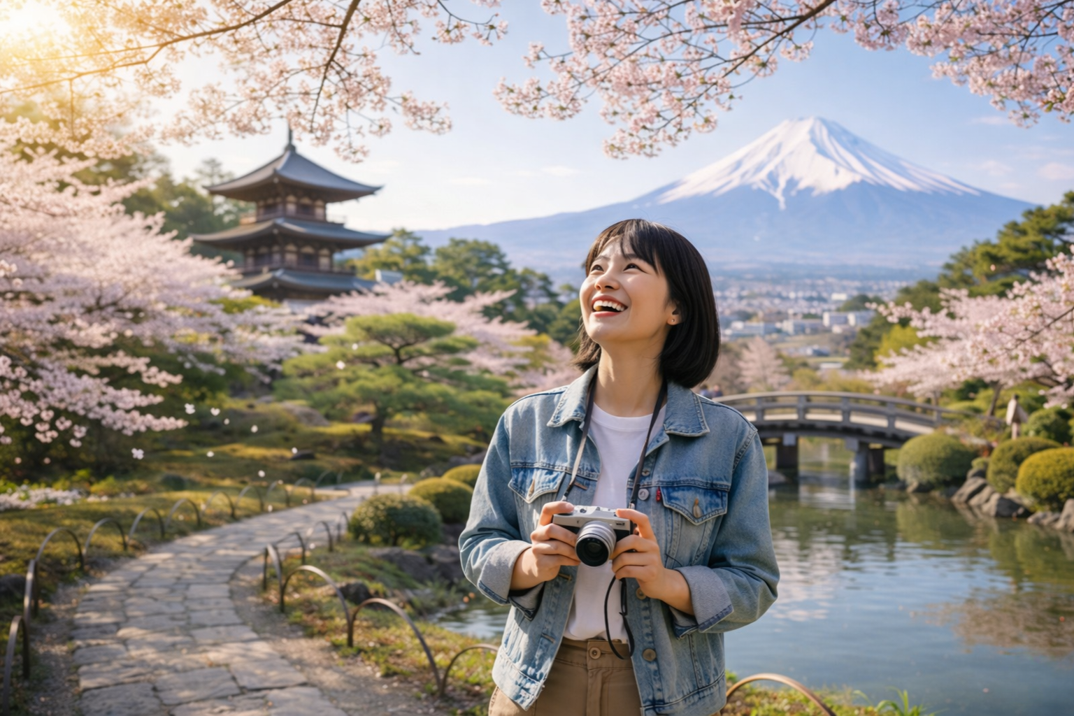 Tourist with a camera enjoying cherry blossoms, traditional temple, and Mount Fuji in Japan.