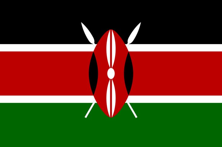 National flag of Kenya with black, red, and green stripes and a Maasai shield and spears