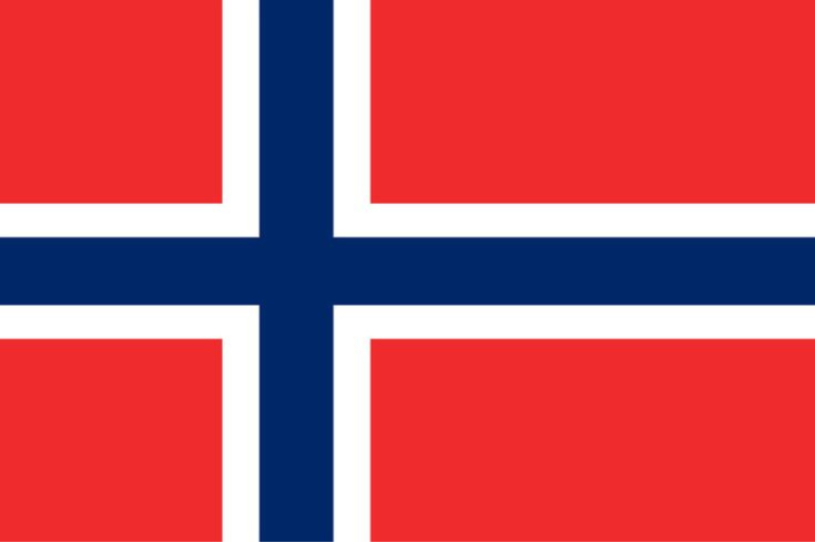 National flag of Norway with a blue Nordic cross outlined in white on a red background