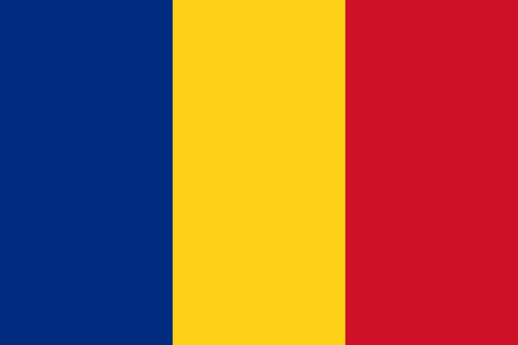 National flag of Romania with vertical blue, yellow, and red stripes