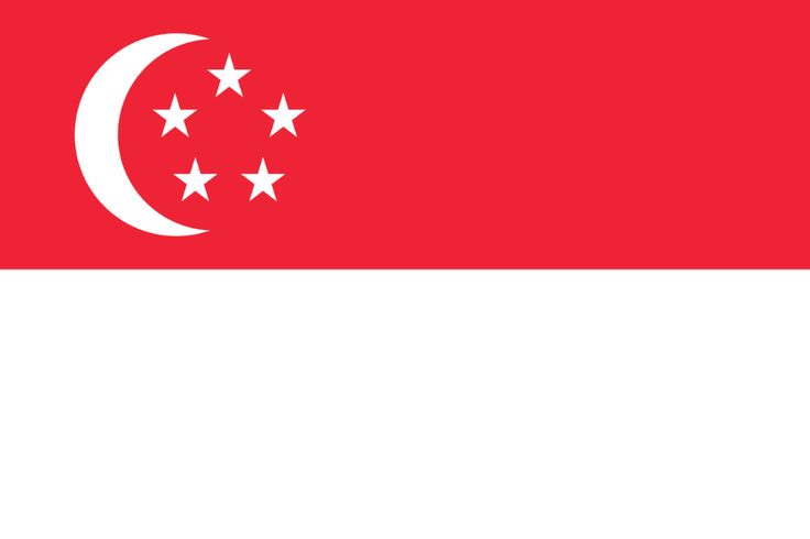 National flag of Singapore with a red and white background, crescent moon, and five stars