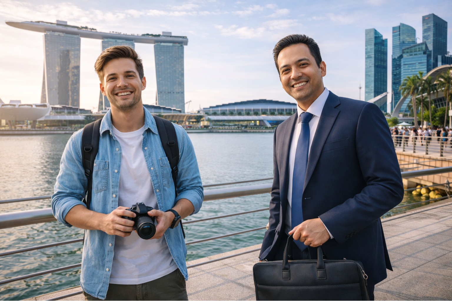Tourist and business traveler standing near Marina Bay in Singapore with city skyline in the background, representing Singapore tourist and business travel.