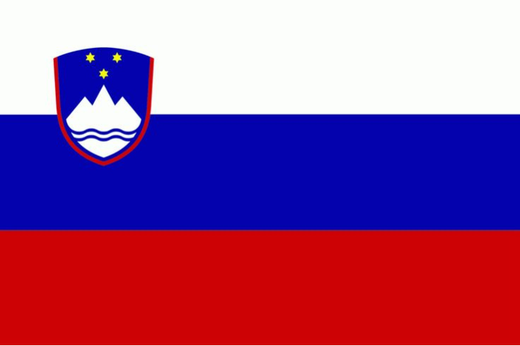 National flag of Slovenia with white, blue, and red stripes and the Slovenian coat of arms