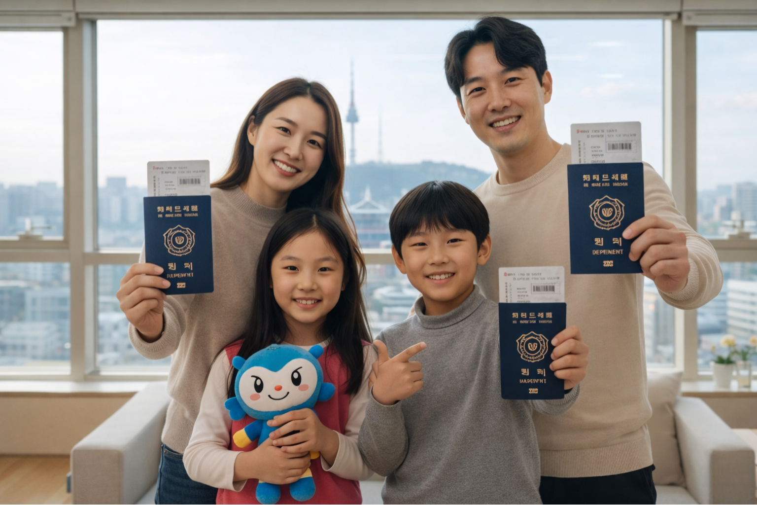 Family holding South Korea dependent visas with children inside a modern apartment, representing South Korea Dependent Visa approval.
