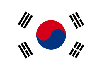 National flag of South Korea with red and blue Taegeuk symbol and black trigrams on a white background