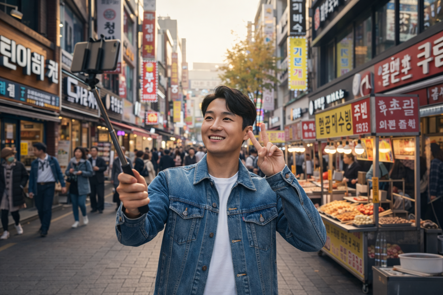 Tourist taking a selfie in a vibrant South Korean street market, representing South Korea Tourist Visa travel experience.