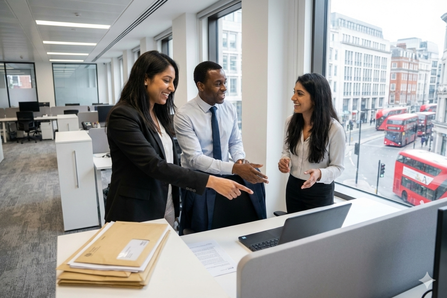 Professionals discussing documents and work opportunities in a UK office for switching to Skilled Worker Visa inside the UK