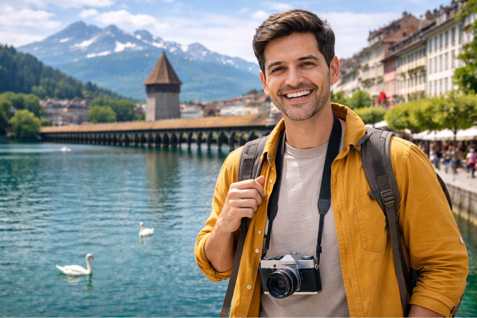Tourist with backpack and camera smiling beside a scenic lake, historic bridge, and mountains in Switzerland.