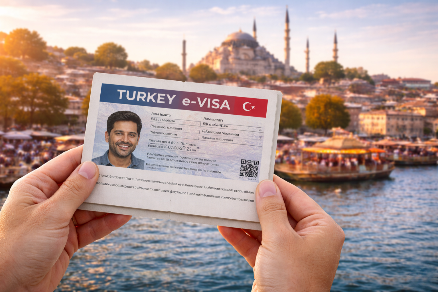 Hands holding an approved Turkey tourist e-Visa with Istanbul city and mosque in the background.