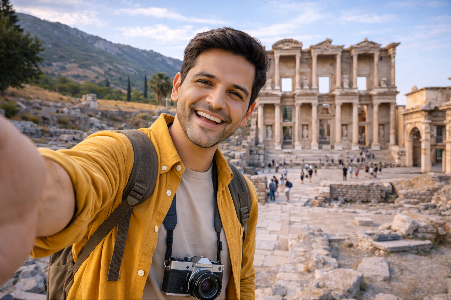 Tourist taking a selfie at ancient ruins in Turkey with a backpack and camera, representing Turkey tourist travel.