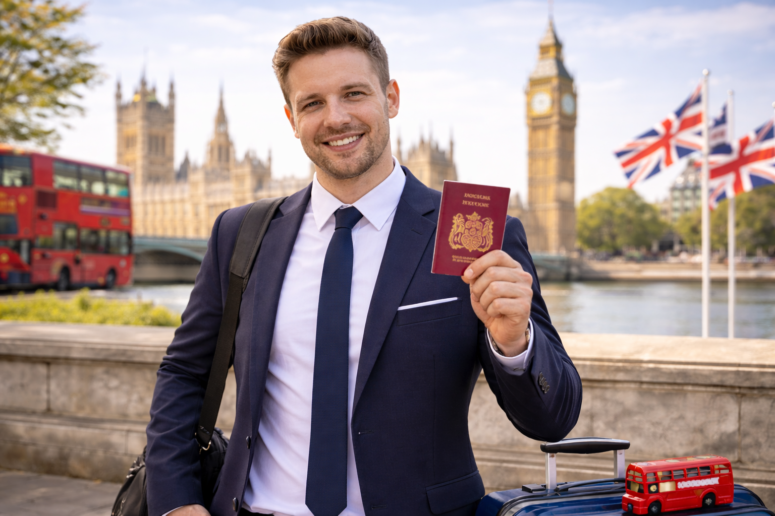 Smiling business traveler holding a passport near Big Ben in London with luggage and UK flags in the background