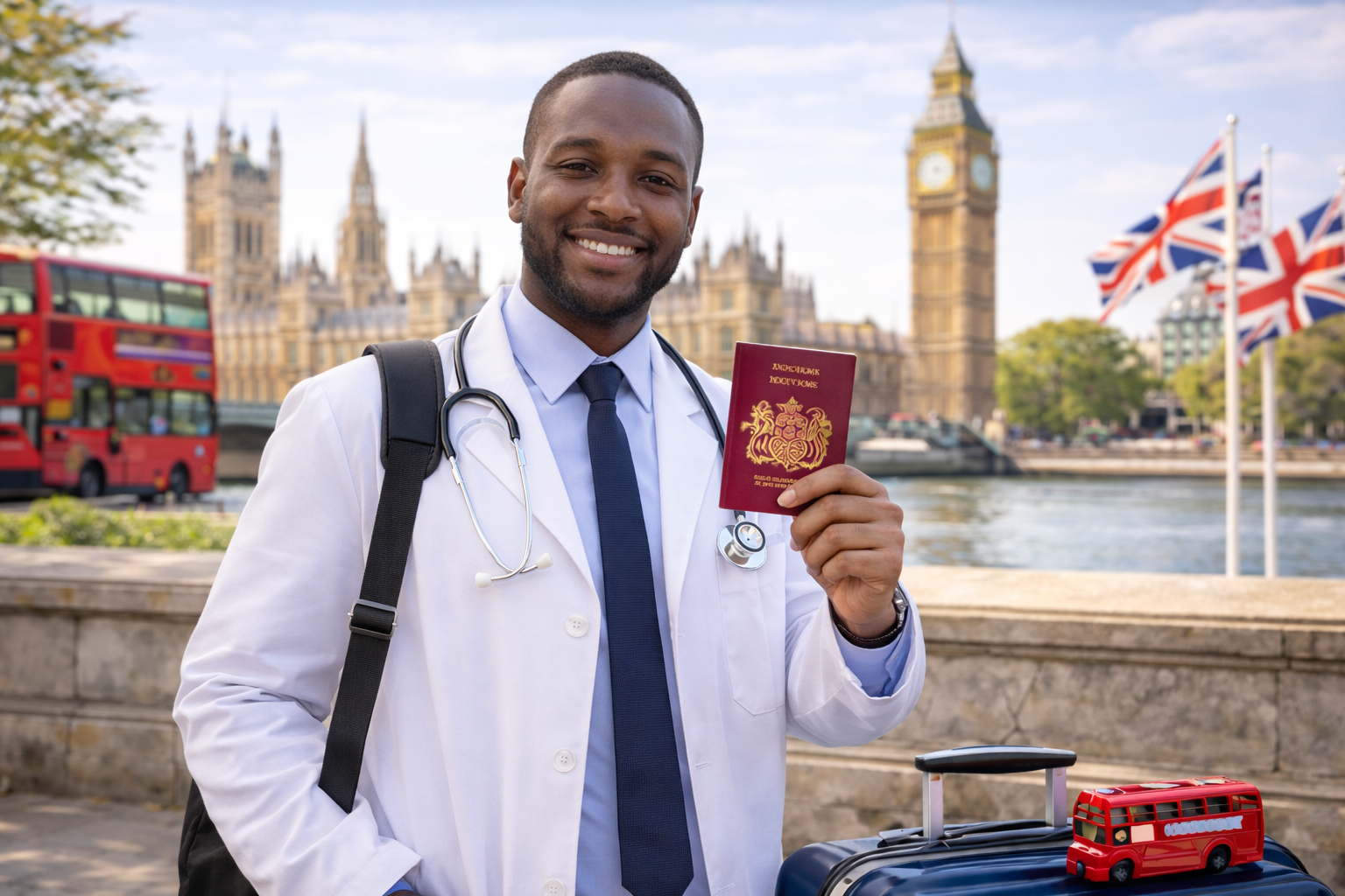 Male medical professional holding a passport near Big Ben in London with luggage and UK flags in the background