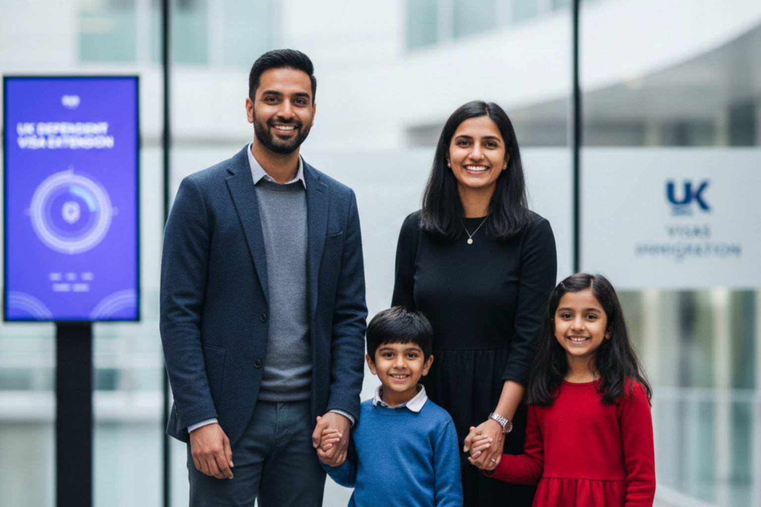 Family standing together inside a UK immigration office representing UK Dependent Visa extension