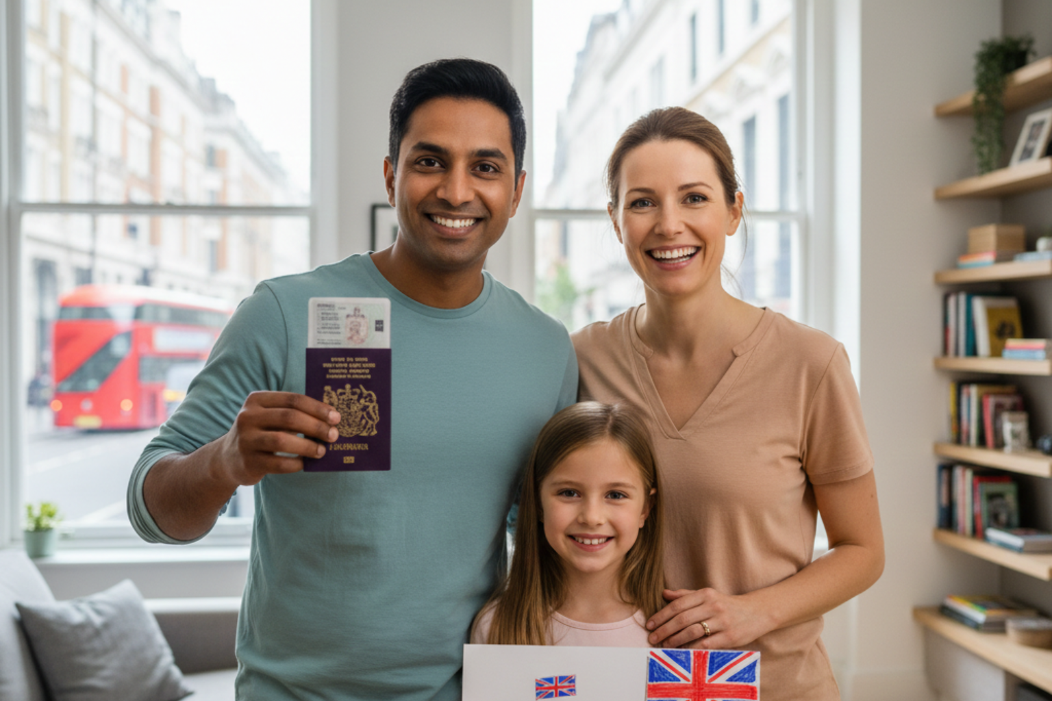 Family holding a passport and UK flag inside their home, representing UK Dependent Visa extension