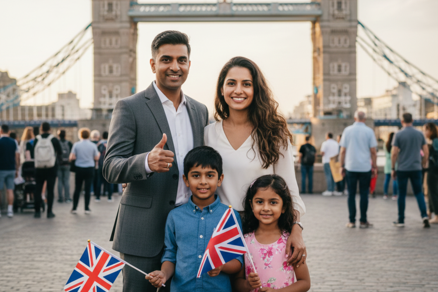 Family holding UK flags standing near Tower Bridge in London