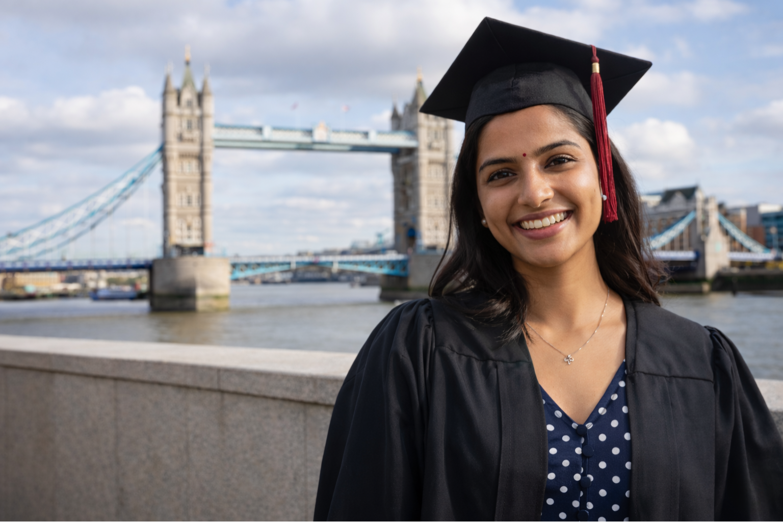International graduate wearing a graduation cap standing near Tower Bridge in London, representing the UK Graduate Visa.