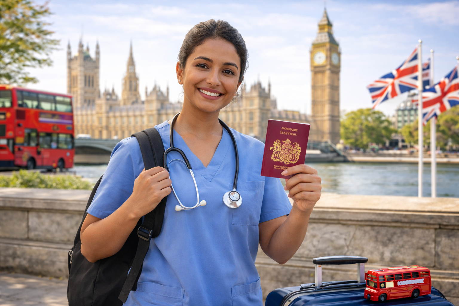 Female medical professional holding a passport near Big Ben in London with travel luggage and UK flags