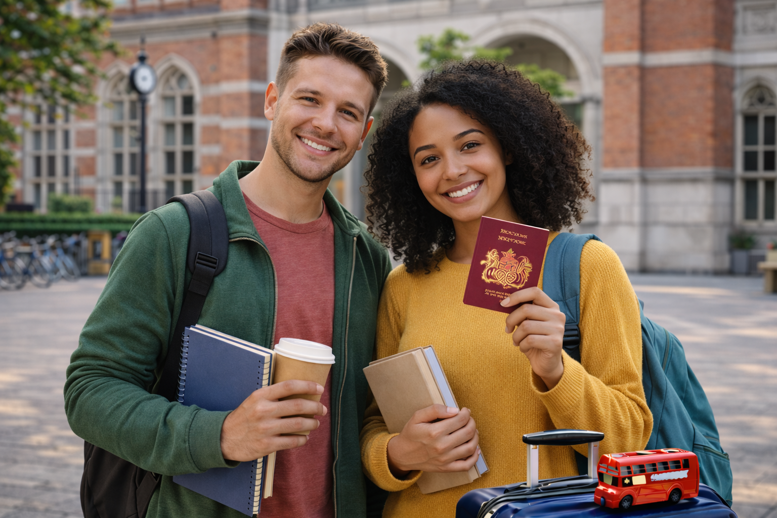 Two international students holding books and a passport on a university campus in the UK with travel luggage