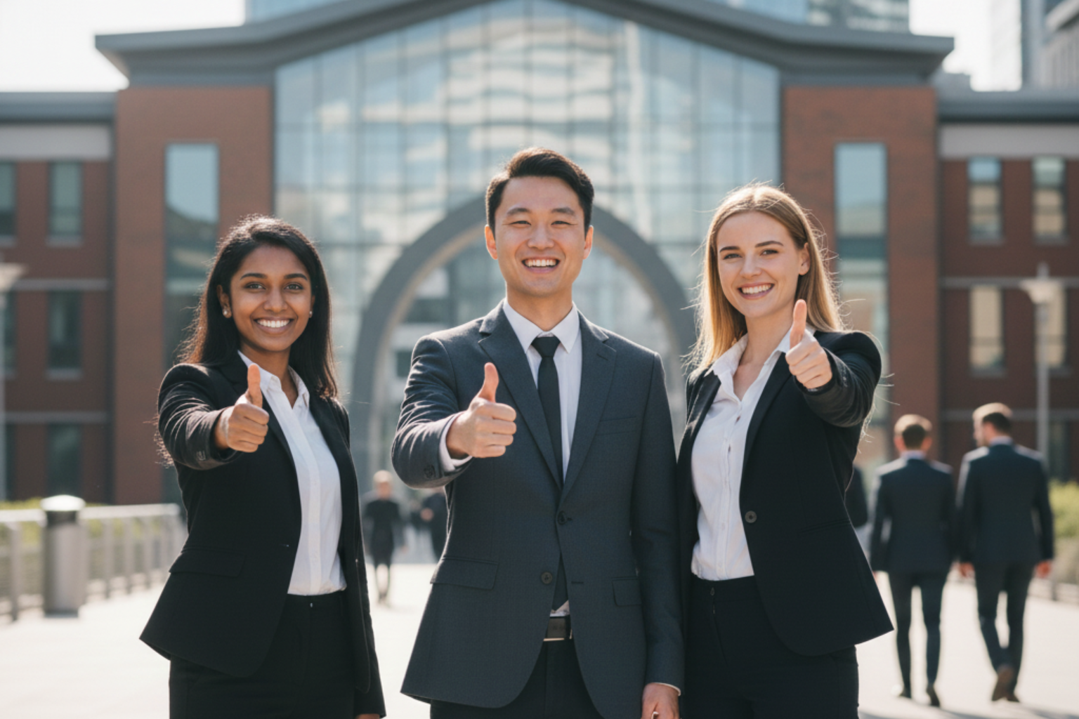 International professionals giving thumbs up in front of a modern office building in the UK