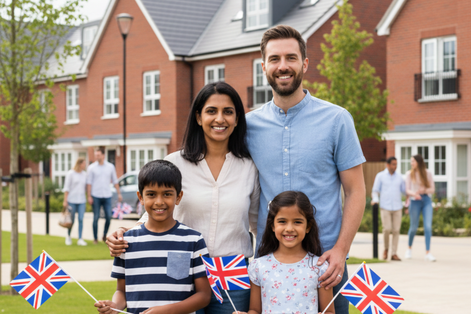 Happy family holding UK flags standing outside modern houses in a residential neighborhood