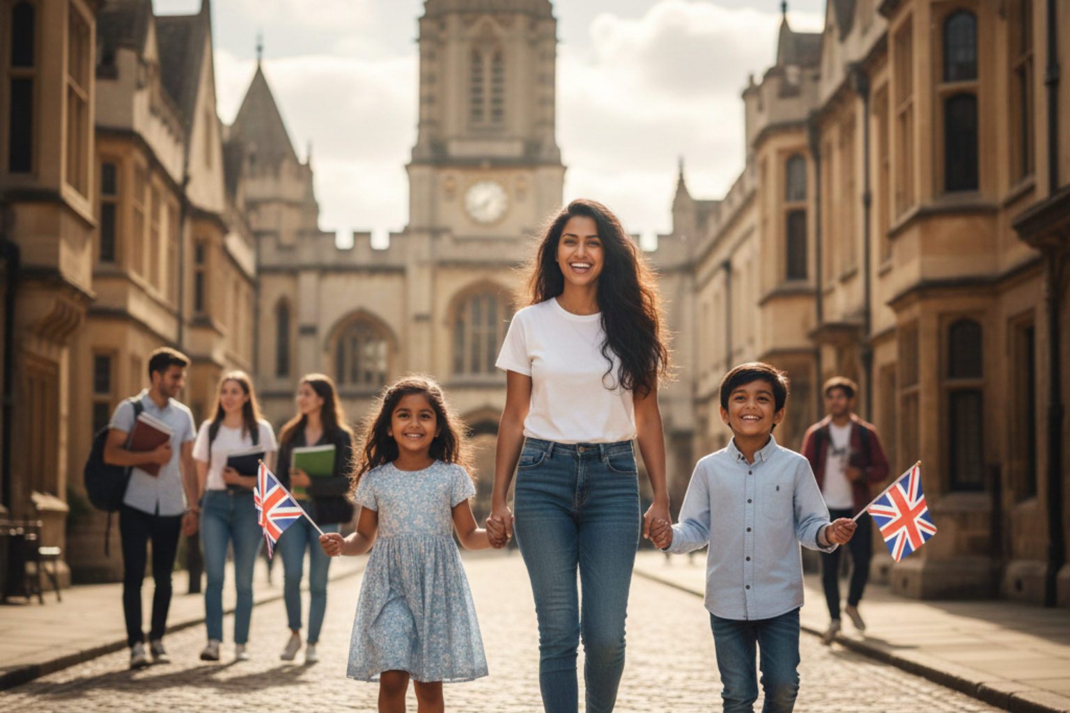 Mother walking with two children holding UK flags on a university campus in the United Kingdom