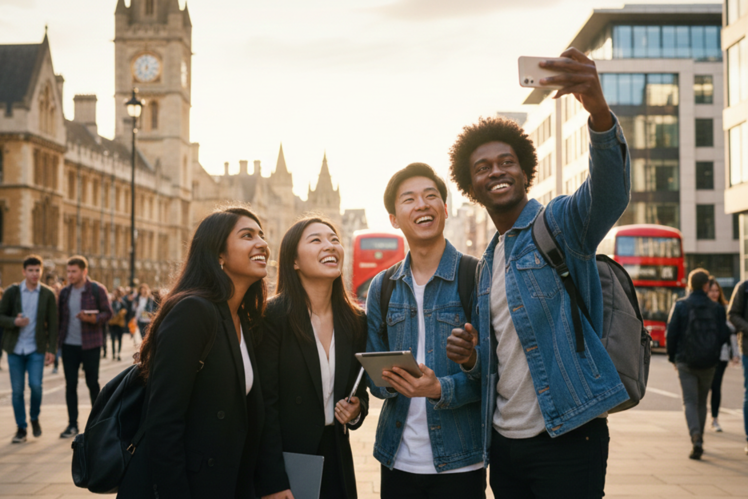 Group of international students taking a selfie on a busy street in London with backpacks and notebooks