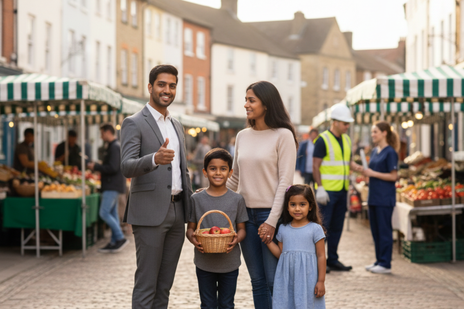 Family with children visiting a local market in the UK while living on a dependent visa