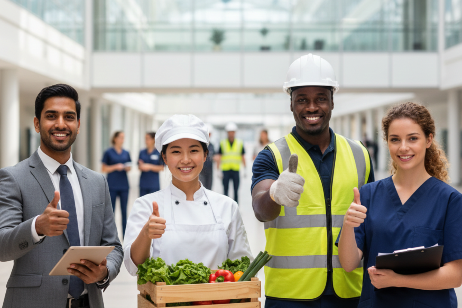 Diverse temporary workers giving thumbs up in a workplace environment in the UK