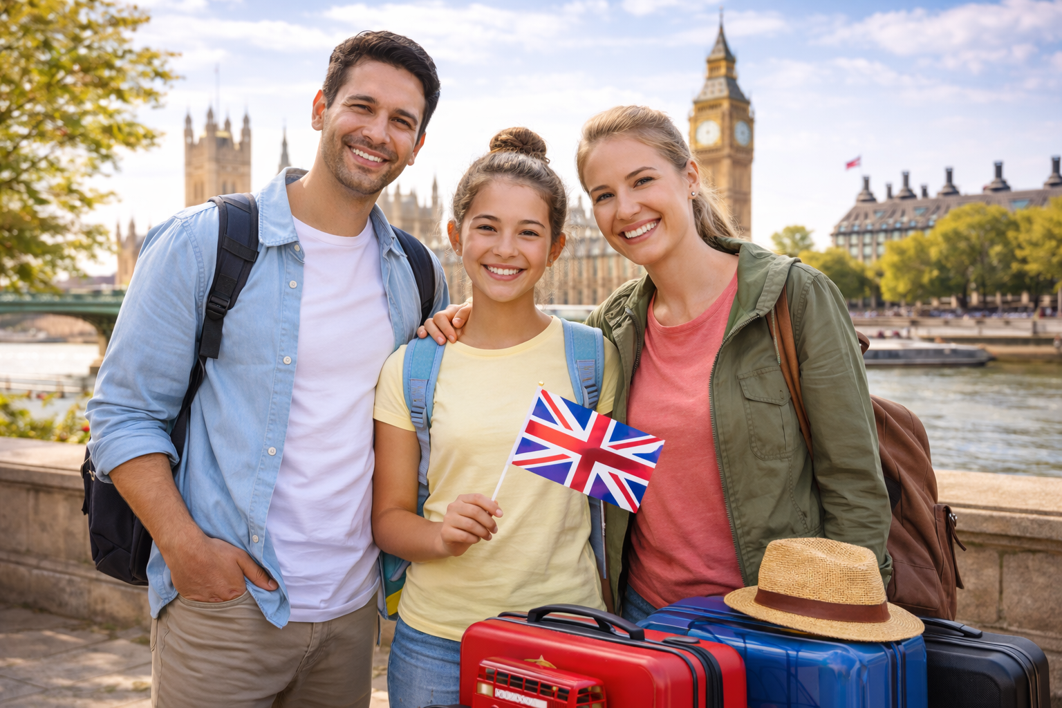 Happy family tourists holding a UK flag with luggage near Big Ben and the River Thames in London