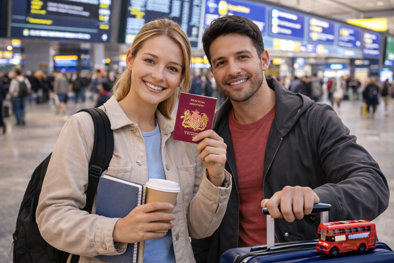 Two international travelers holding a passport with luggage inside a UK airport terminal