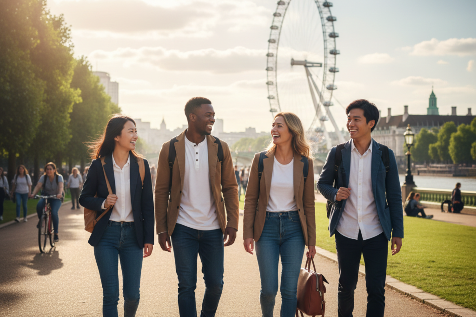 Group of young professionals walking in London near the London Eye, smiling and carrying backpacks