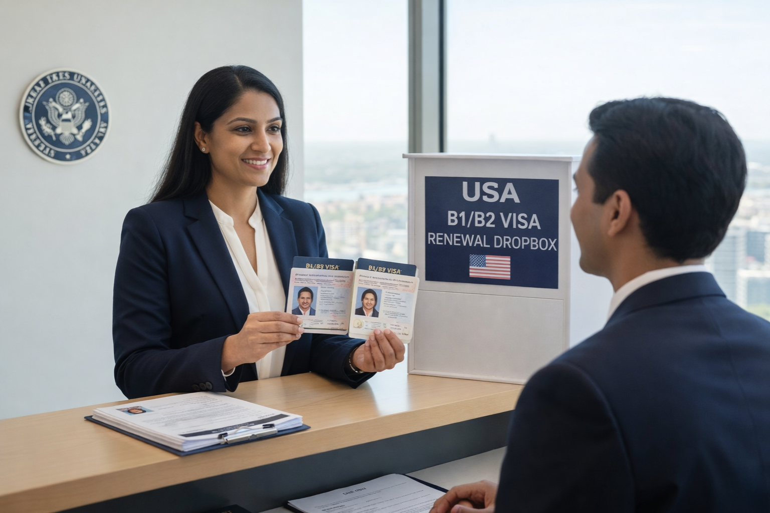 Applicant submitting passports for USA B1/B2 visa renewal through Dropbox service at an official processing counter.