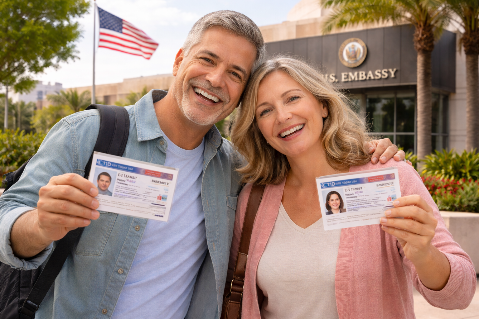 Couple holding approved U.S. B1/B2 visitor visas outside the U.S. Embassy with American flag in the background.