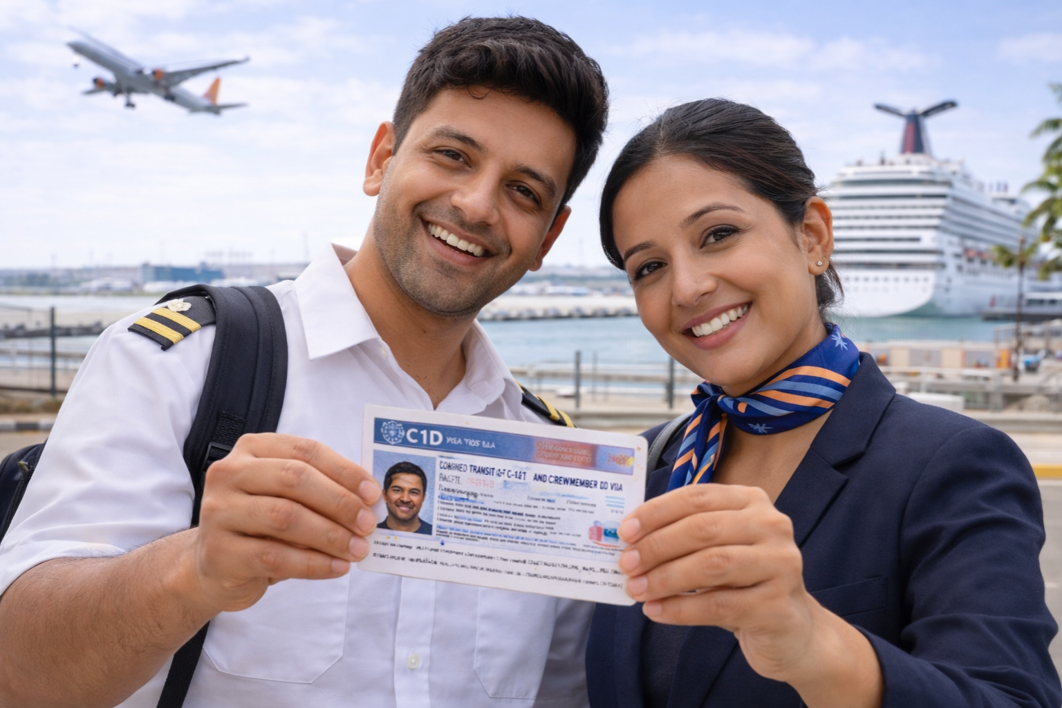 Airline crew members holding a USA C1/D transit and crew visa with aircraft and cruise ship in the background.