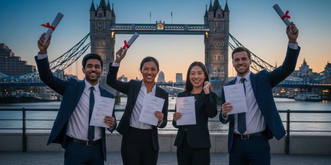 International graduates celebrating near Tower Bridge in London, holding completion certificates under the UK Graduate Route visa.
