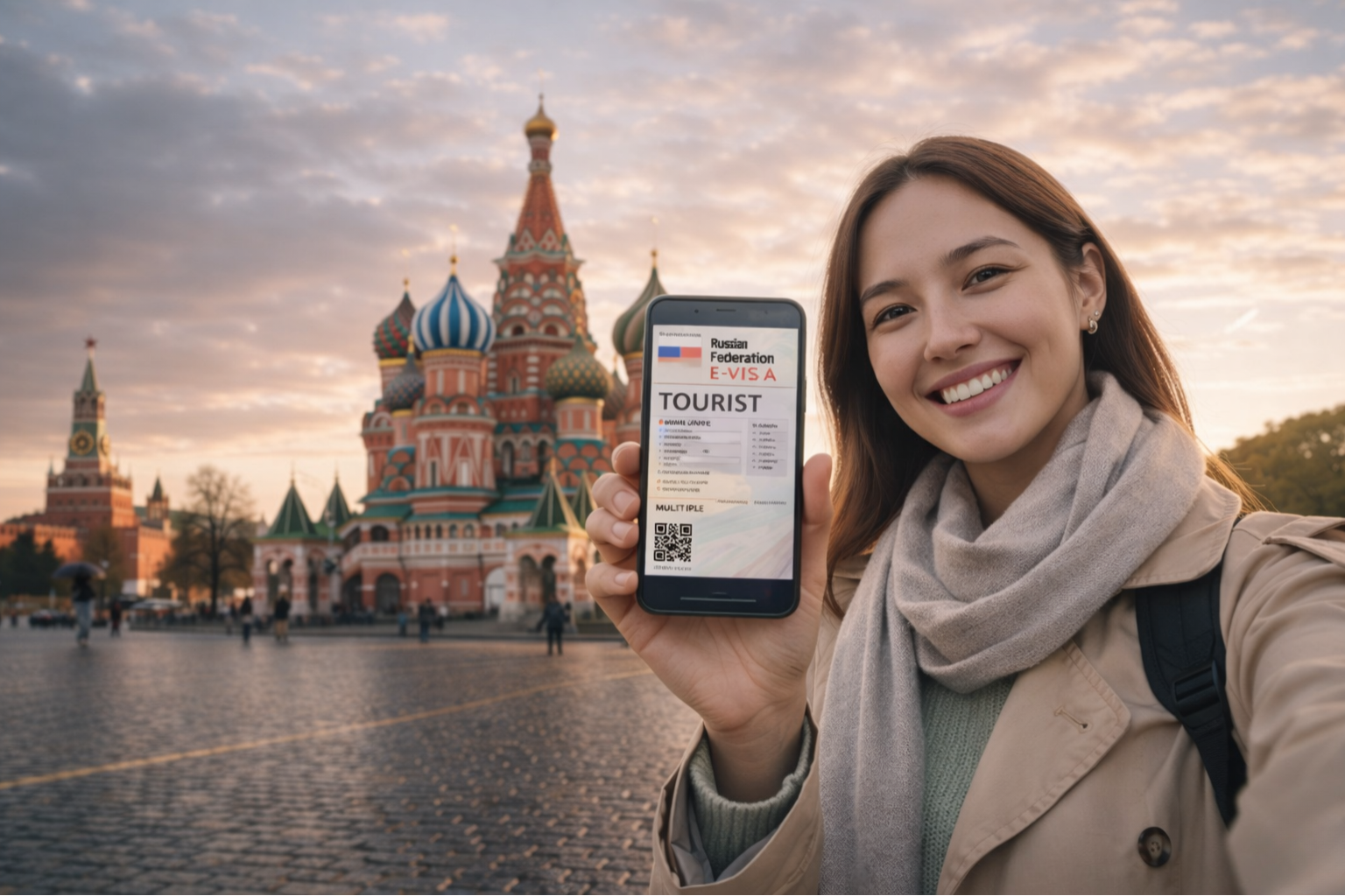 Tourist holding a Russia Tourist E-Visa displayed on a smartphone in front of Saint Basil’s Cathedral, Moscow.
