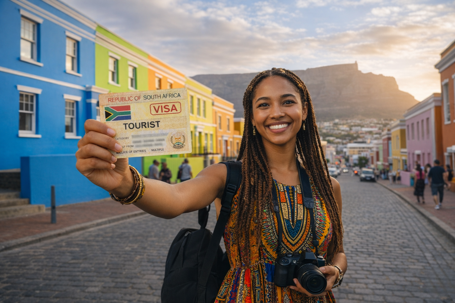 Tourist holding a South Africa tourist visa card while exploring colorful streets with Table Mountain in the background.
