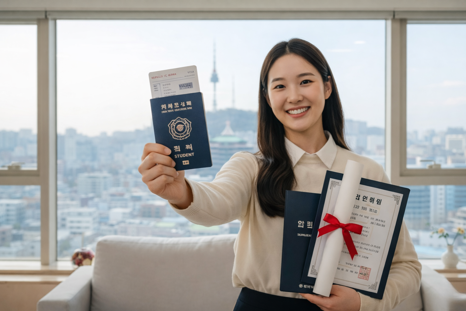 International student holding a South Korea student visa passport and admission documents with a city view in the background.