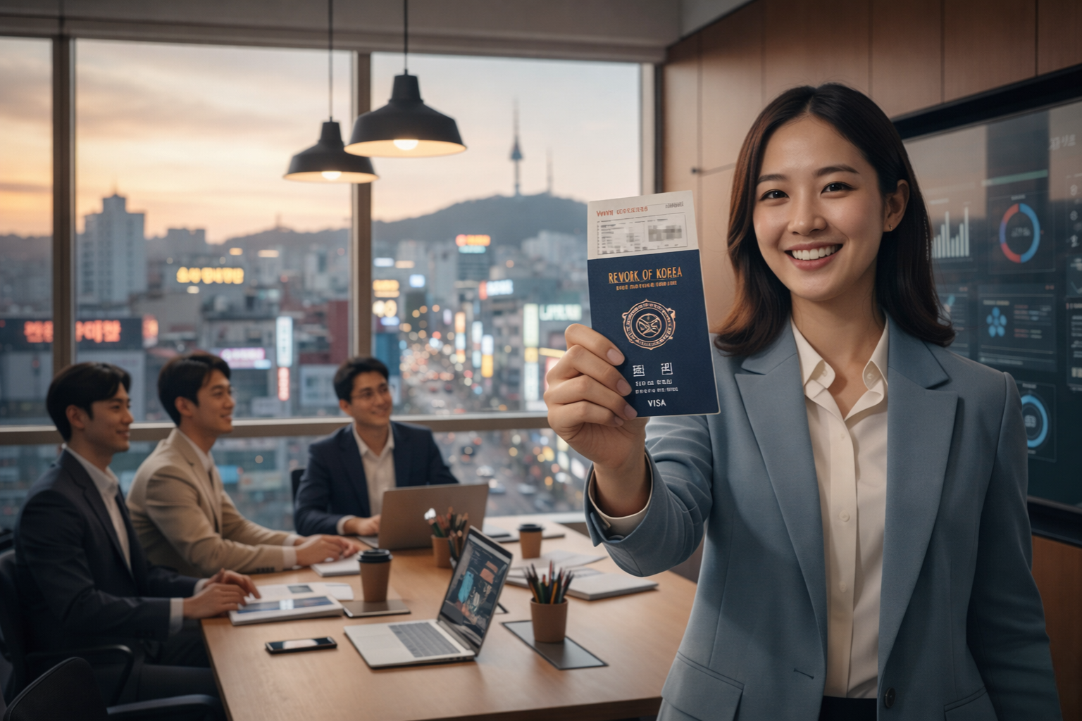 Professional holding a South Korea work visa passport inside a modern office with colleagues working in the background.