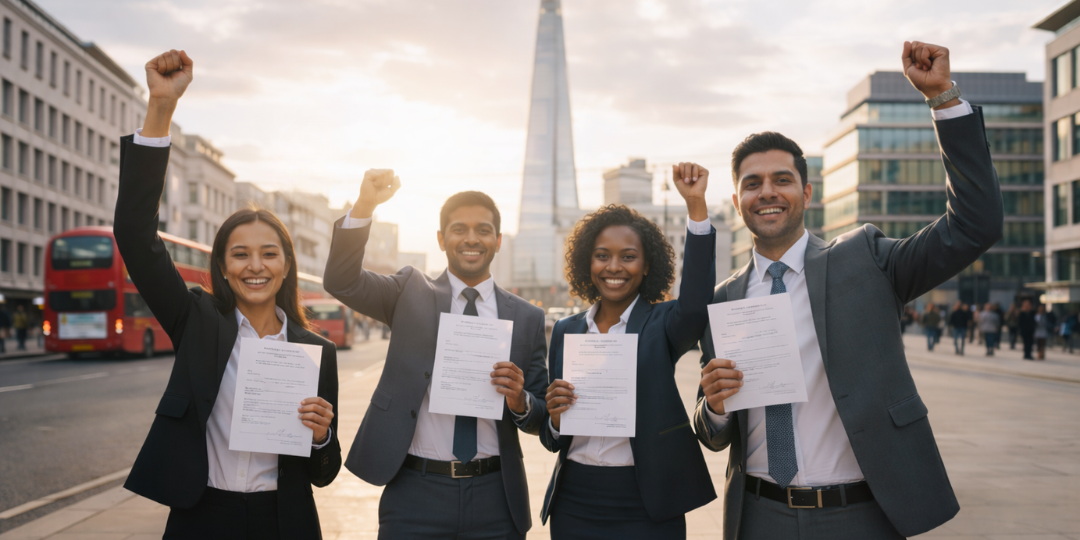 Indian professionals celebrating UK Skilled Worker visa approval in London, holding official documents with The Shard in the background.