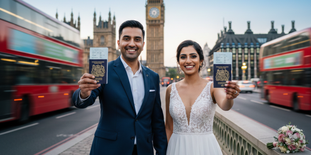 Newly married couple holding passports near Big Ben in London, representing eligibility to apply for a UK Dependent Visa after marriage.