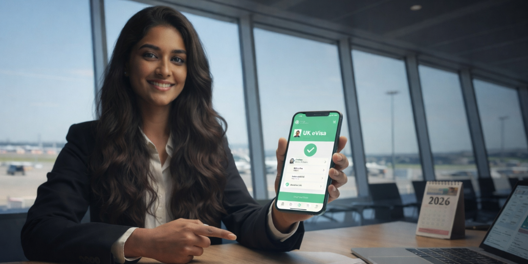 Indian woman showing UK eVisa approval on a smartphone inside an airport lounge, representing the shift to digital visas in 2026.